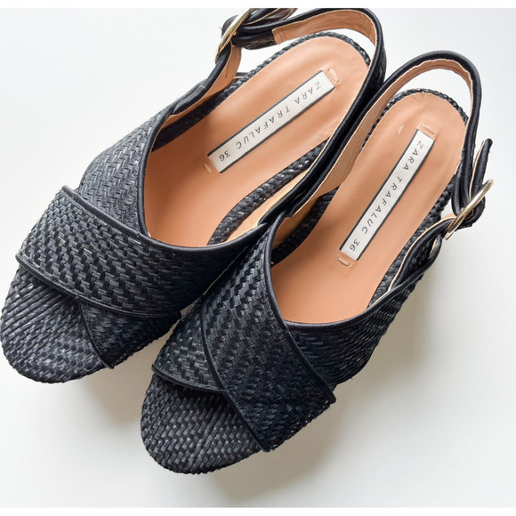 Zara Trafaluc Black Woven Cross Strap Slingback Platform Sandal Womens 36 / US 6 - Picture 2 of 11